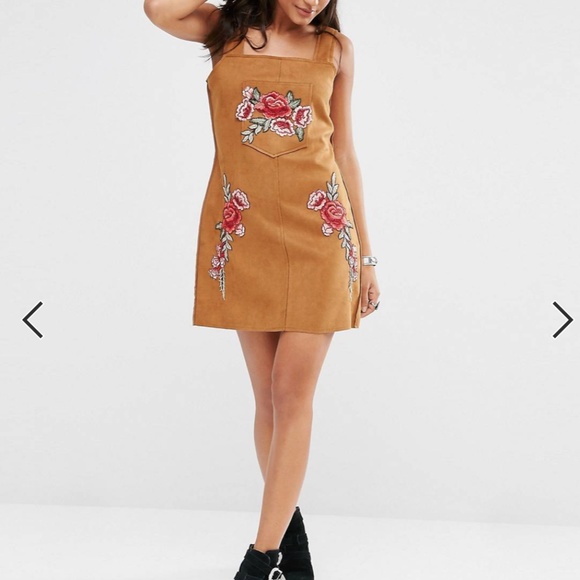 Embroidered Faux Suede Jumper Dress with Floral Appliqués NWT | Size US 10 - Picture 2 of 5